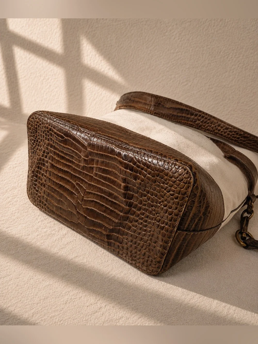 Ralph Lauren Cream Canvas Croc Embossed Leather Shoulder Bag